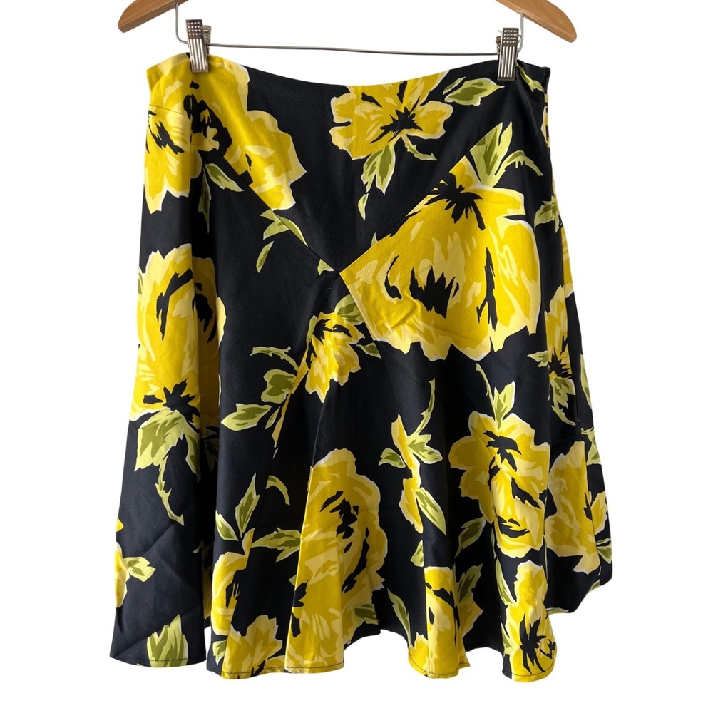Cache Womens 12 Y2K Black Yellow Floral Silk Blend Midi A-Line Skirt